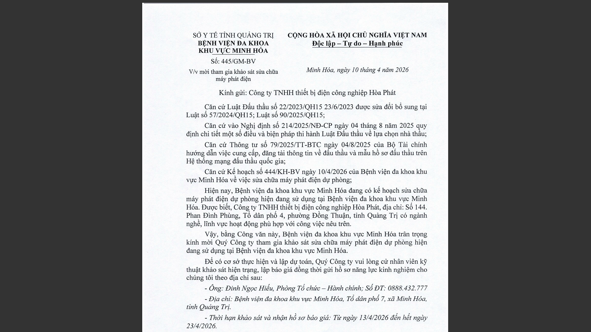 V/v mời tham gia khảo sát sửa chữa máy phát điện